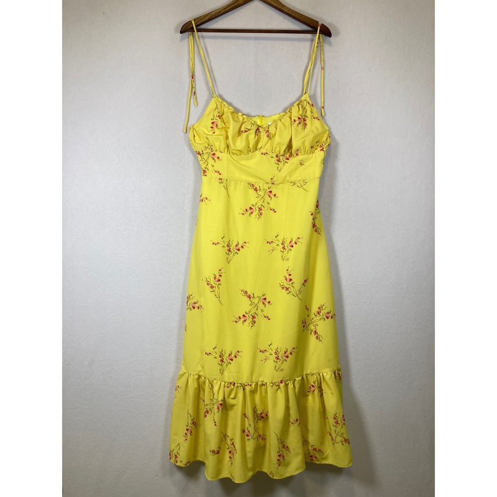 Cottagecore Line & Dot Womens Large Yellow Floral Ruffle Smocked Midi Dress